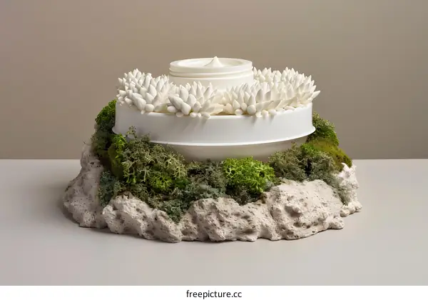 White Cream Jar Surrounded by Flowers on a Stone Base