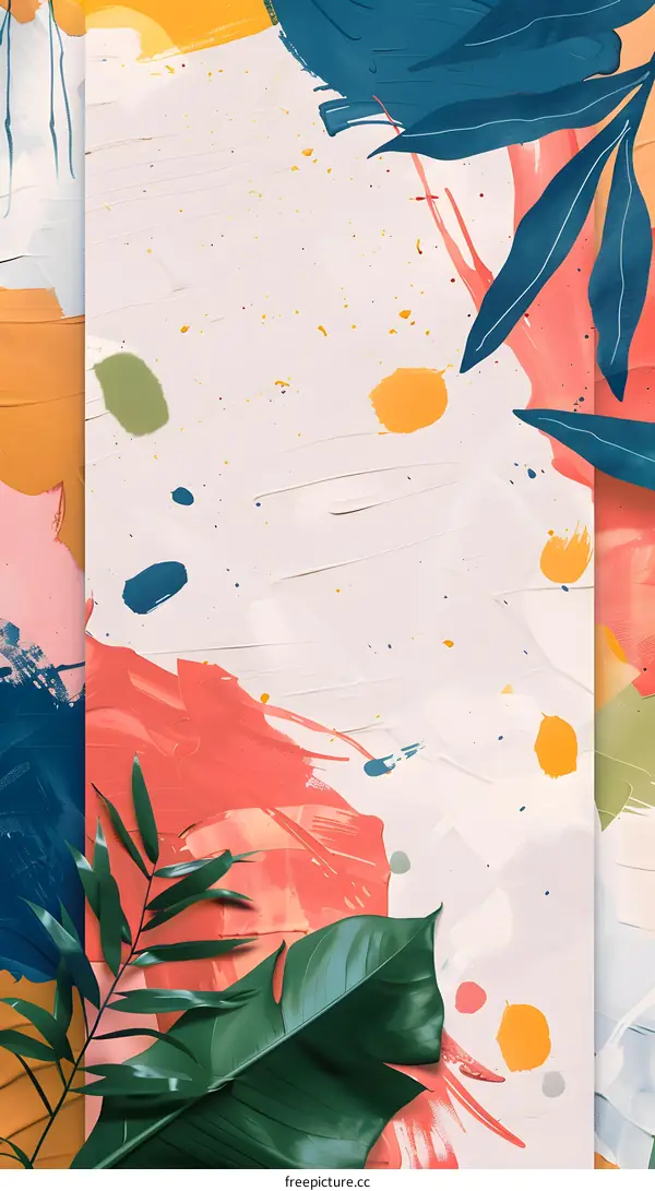 Abstract Background with Colorful Paint and Green Leaves