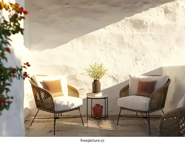Minimalist Patio Design with White Wall and Wicker Chairs