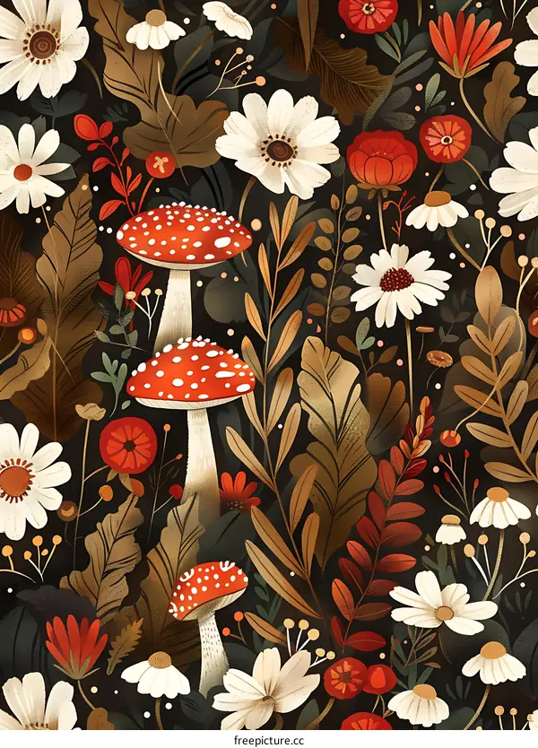 Illustrated Seamless Pattern with Red and White Mushrooms, Flowers, and Leaves