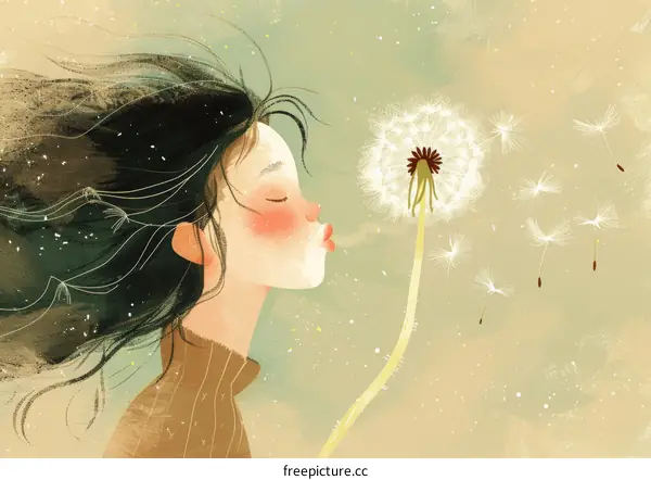 Girl Blowing Dandelion Seeds Illustration