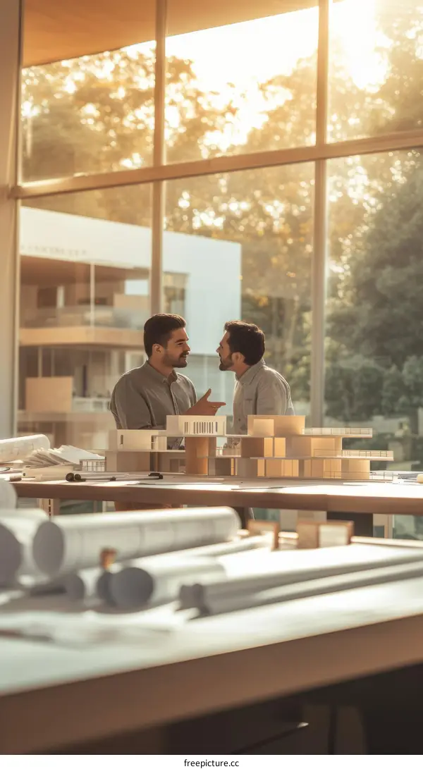 Two architects discussing a project in a modern office with large windows
