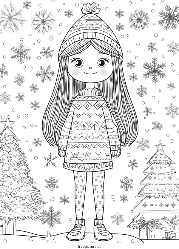 Girl in Winter Outfit with Christmas Trees