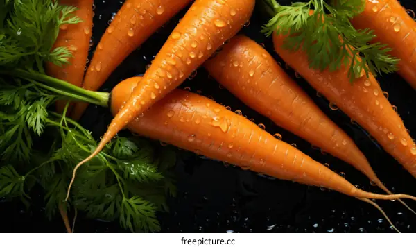 Fresh carrots with green leaves on a black background
