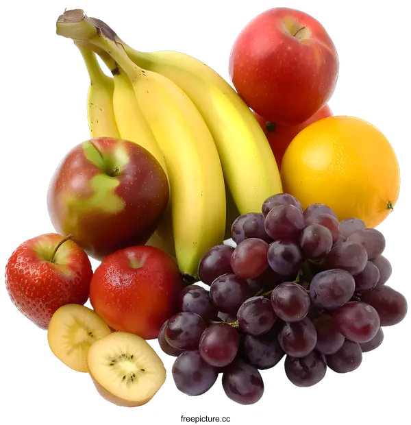 [Transparent Background PNG]Fresh Fruit Still Life with Banana, Grapes, Apple, Orange and Kiwi