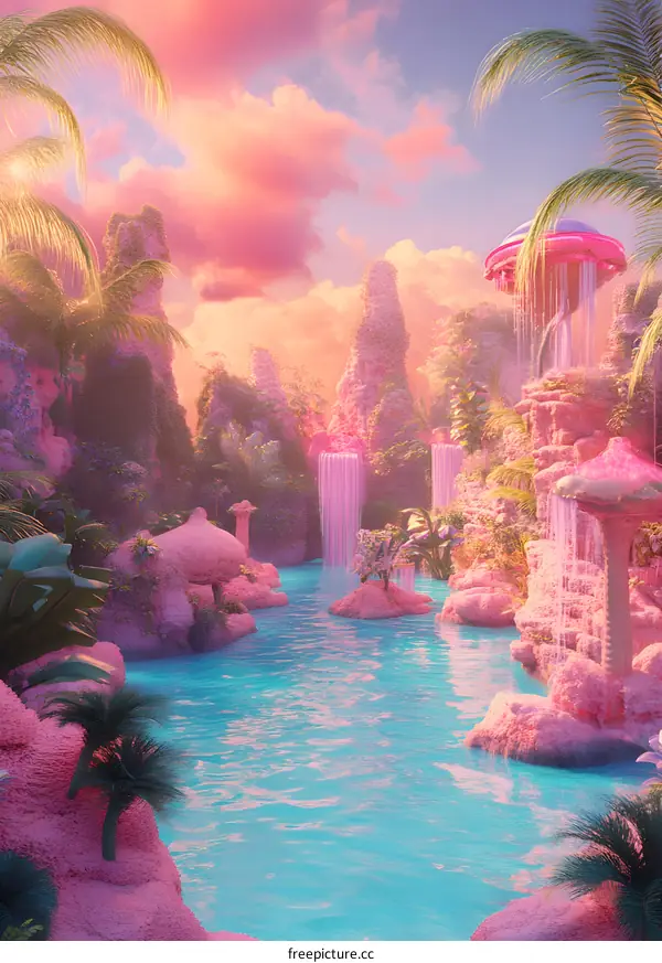 Pink Fantasy Landscape with Waterfalls