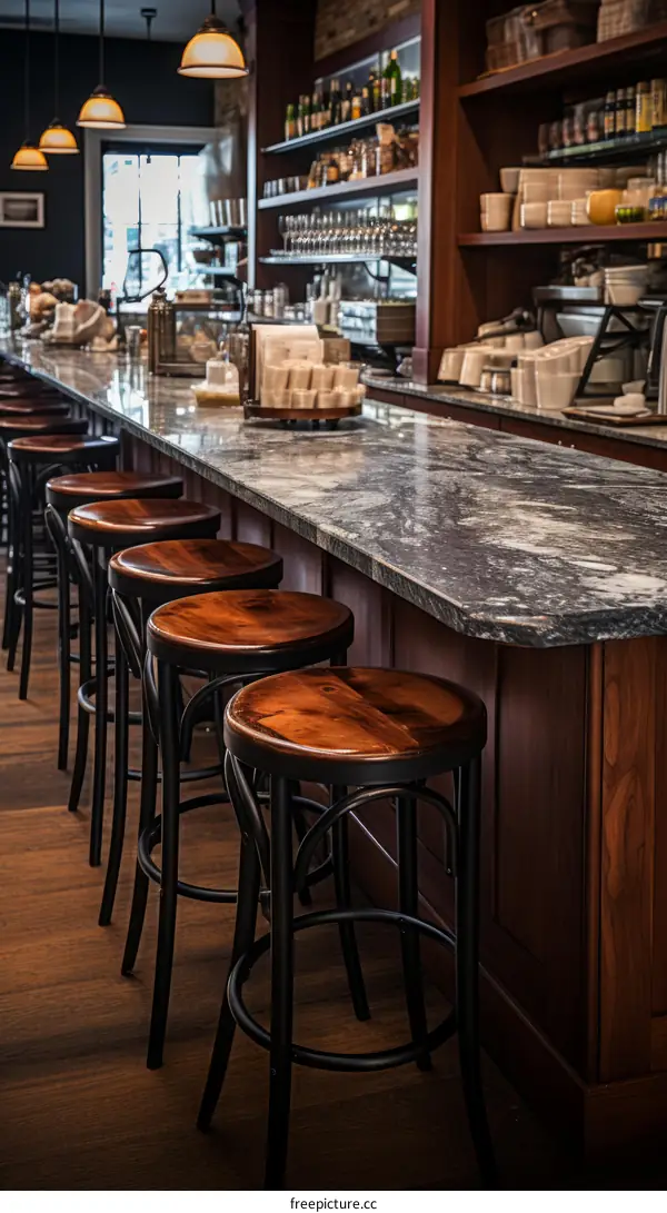 Empty Bar Interior with Marble Counter and Stools