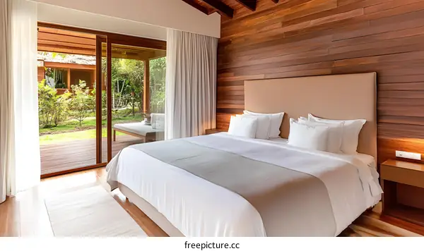 Modern Minimalist Bedroom with Large Bed and Wooden Walls