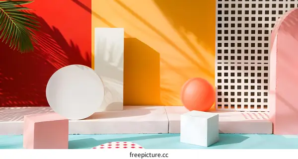 Abstract Geometric Shapes Background With Palm Leaf