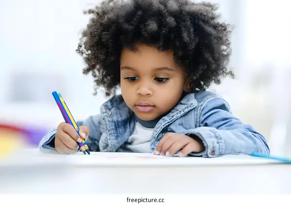 Little Girl With Curly Hair Drawing With Colored Pencils
