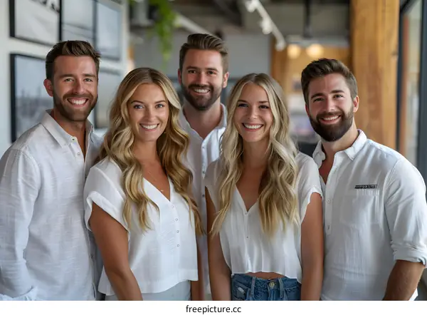 Group of five smiling young professionals posing for a photo