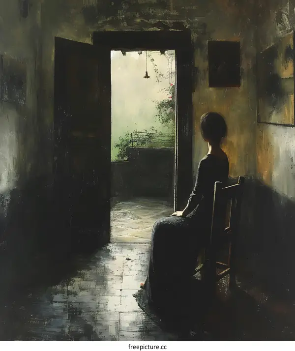A woman is sitting on a chair in a dark room, looking out the door.