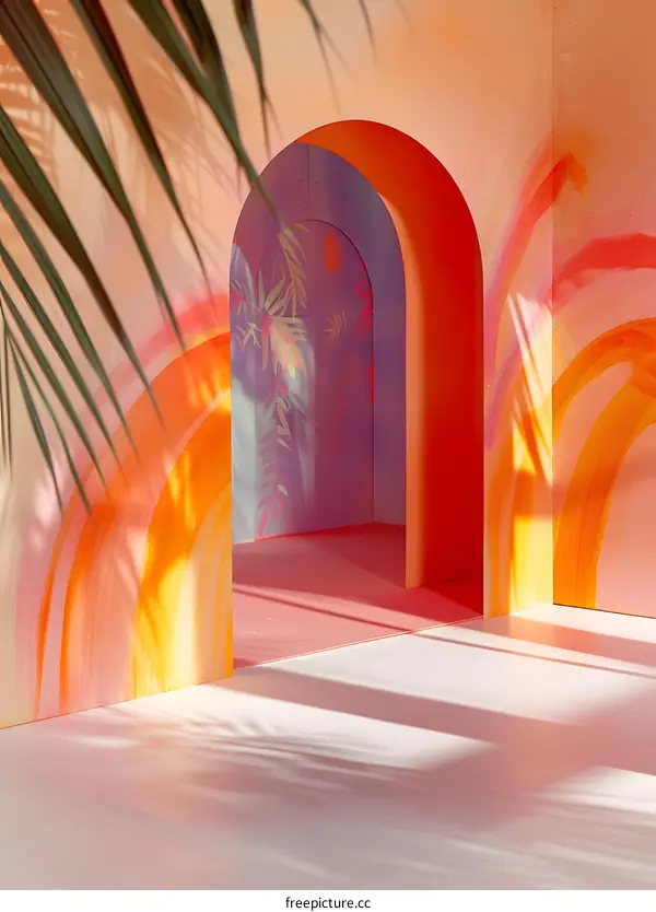 Orange and Pink Abstract Archway With Palm Leaf Shadow
