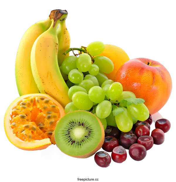 [Transparent Background PNG]Fresh Fruit Assortment with Bananas, Grapes, Kiwi, and Cherries
