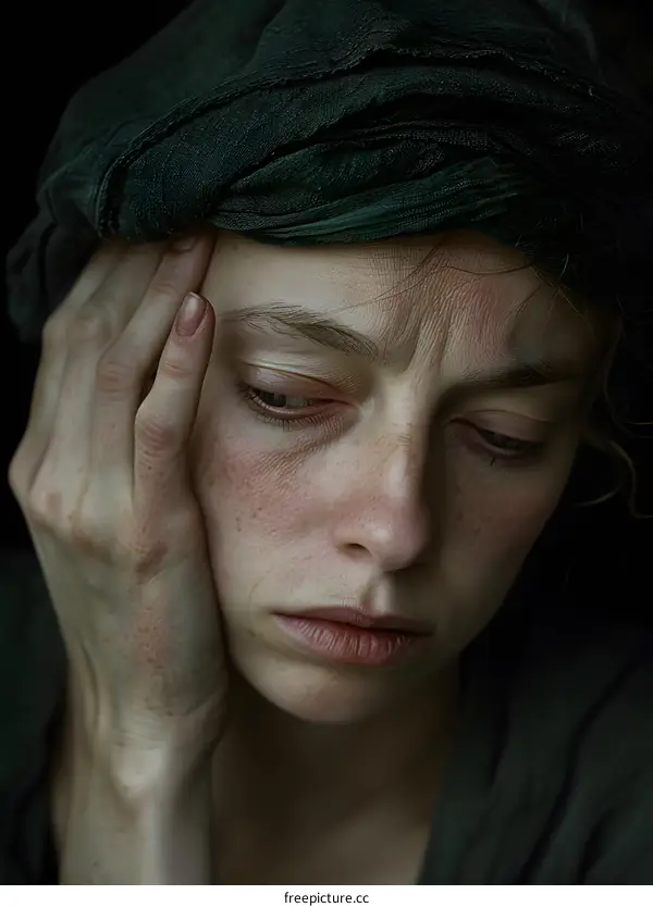 Woman With Green Headscarf  Sadness Portrait