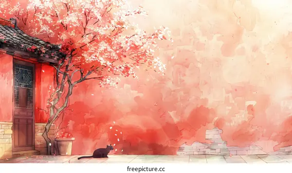 A black cat is sitting under a cherry blossom tree with a pink wall in the background