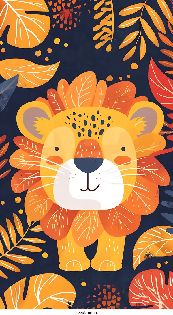 Cute Cartoon Lion Illustration With Leaves
