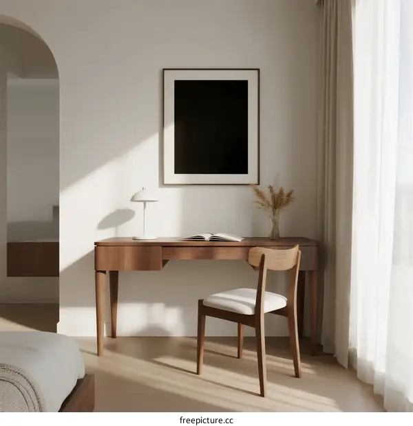 Minimalist Wooden Desk with White Chair in Bright Room