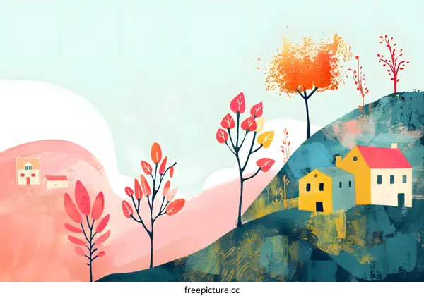 Abstract Watercolor Illustration of a Small Village in the Hills