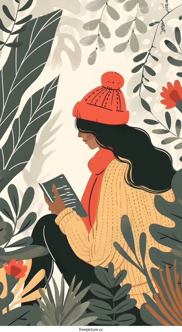 Woman Reading Book in the Woods Illustration