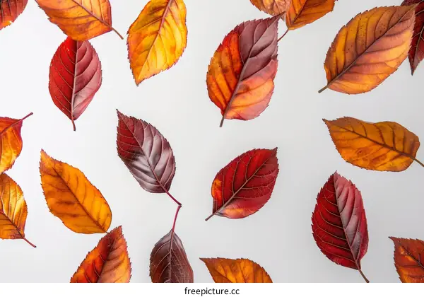 Colorful autumn leaves scattered on a white background