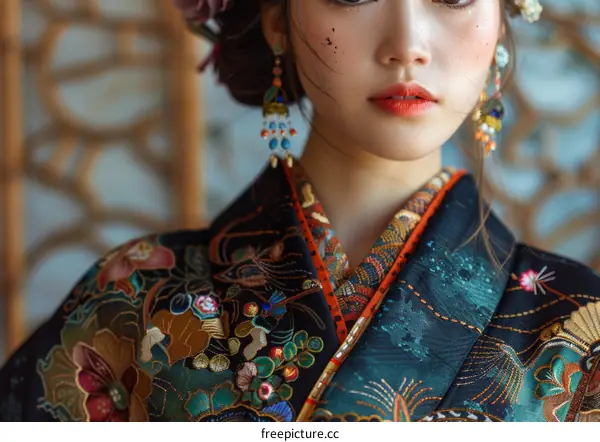 Portrait of a beautiful Asian woman in traditional Japanese kimono