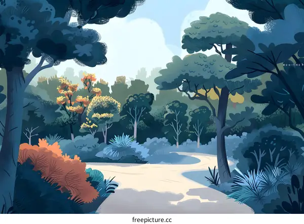 Forest Path Illustration with Winding Road and Blue Trees