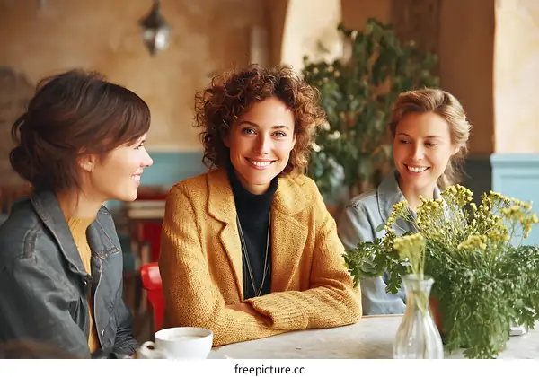 Three Caucasian Women Relaxing and Talking Over Coffee