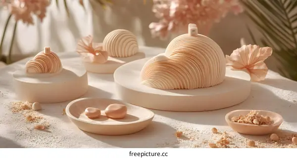 Abstract Beige Sculptures on a Wooden Base with a Sandy Background
