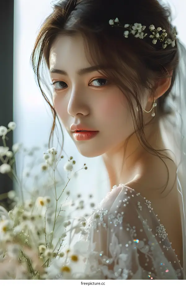 Portrait of a beautiful bride with a bouquet of flowers