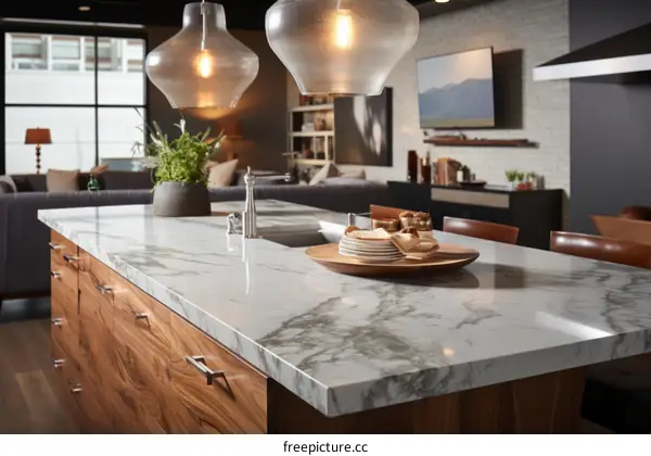 Modern Kitchen Island with Marble Countertop and Wood Cabinets