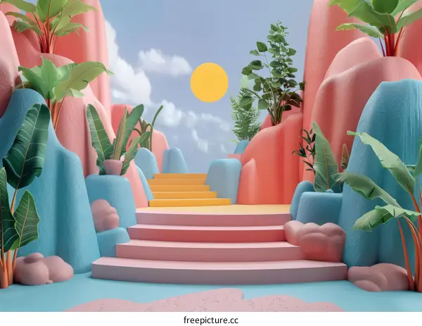 Pink and Blue Tropical Landscape with Stairs