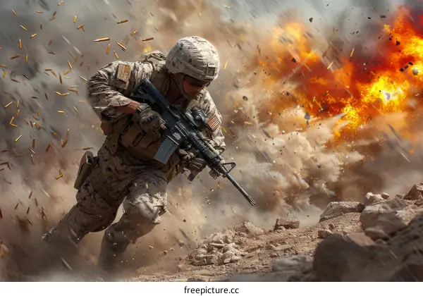Soldier running through a war zone