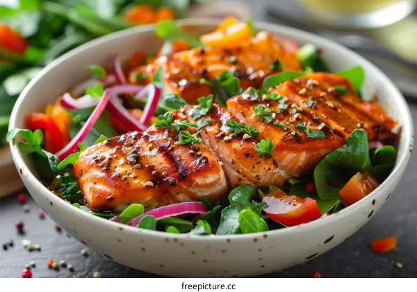 Grilled Salmon with Roasted Vegetables and Salad