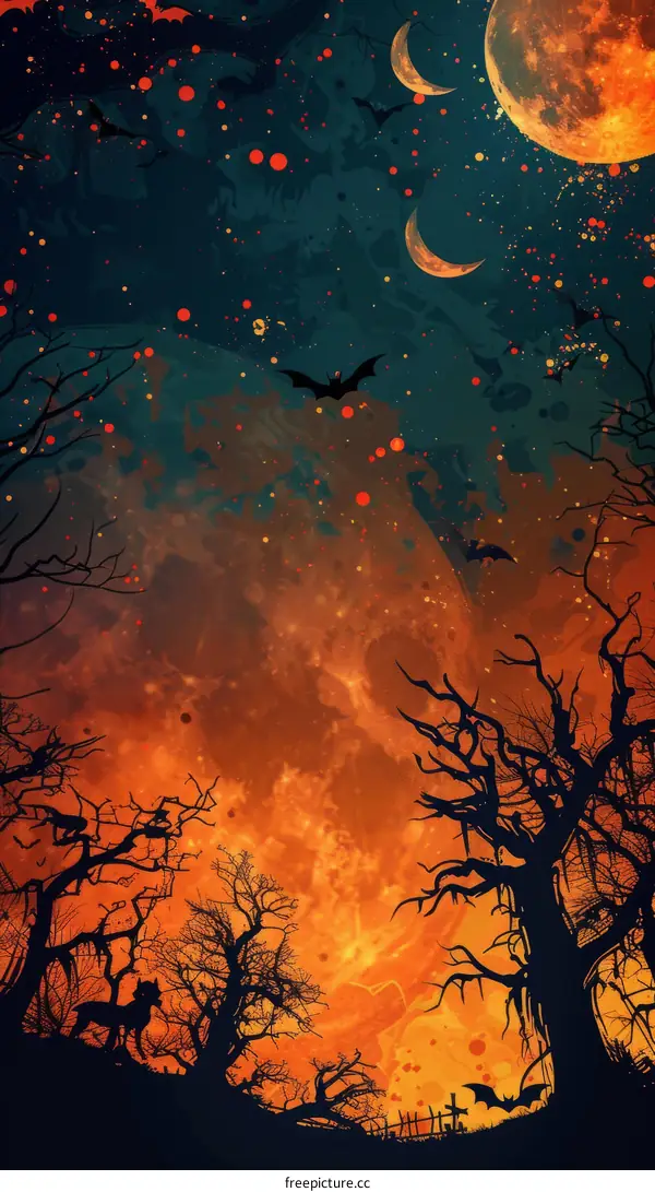 Mystical orange and blue Halloween night forest scene