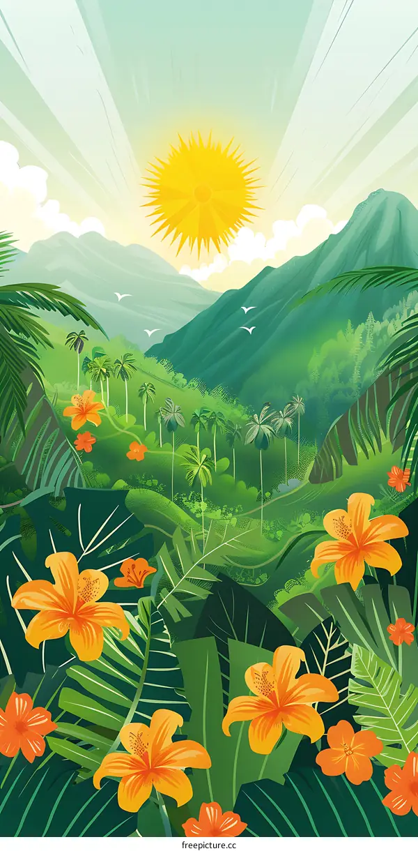 Tropical Rainforest Landscape with Sun and Flowers