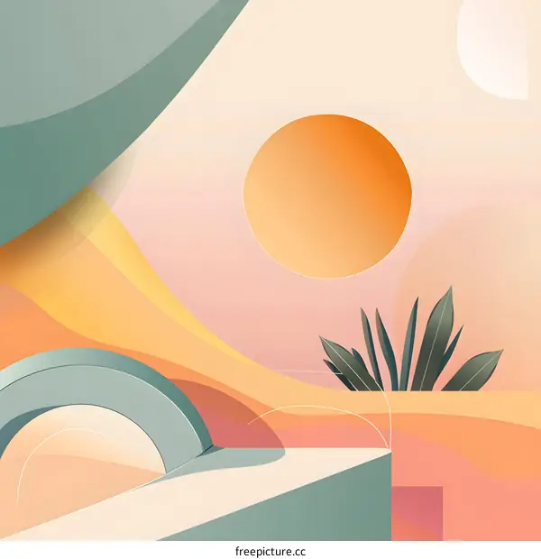 Abstract Minimalist Illustration with Sun and Palm Tree in a Whimsical Landscape