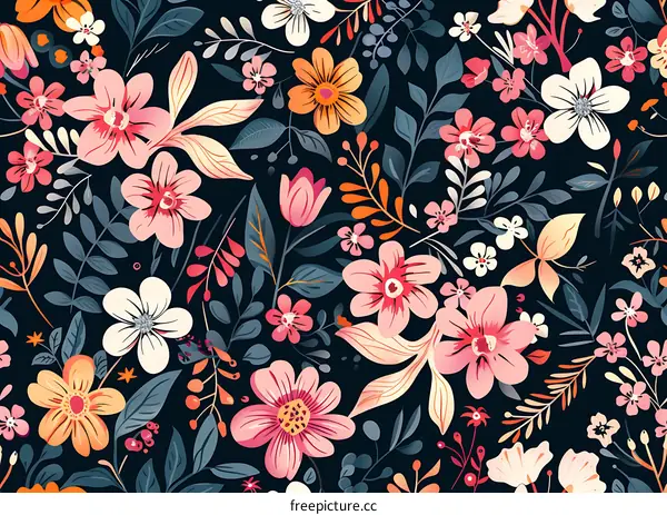 Floral Pattern with Pink, White and Orange Flowers on Black Background