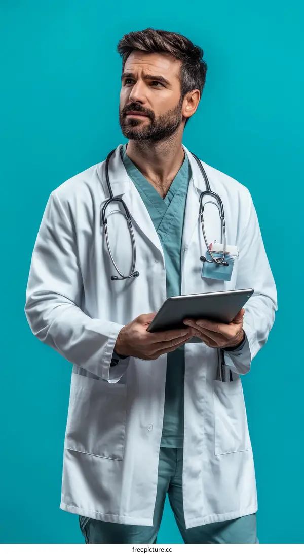 Male Caucasian Doctor Working on Tablet
