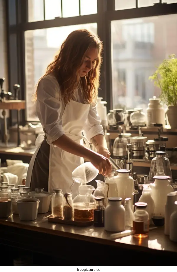 Young female scientist wearing apron working in a lab