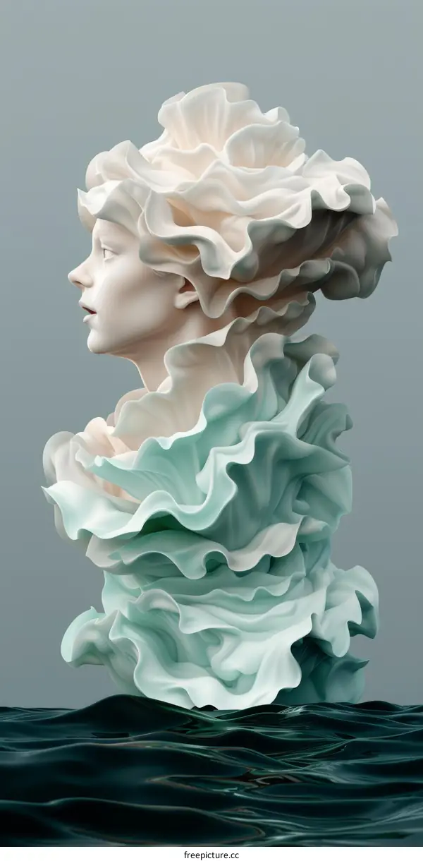 A woman with a flower-shaped head and a blue-green scarf