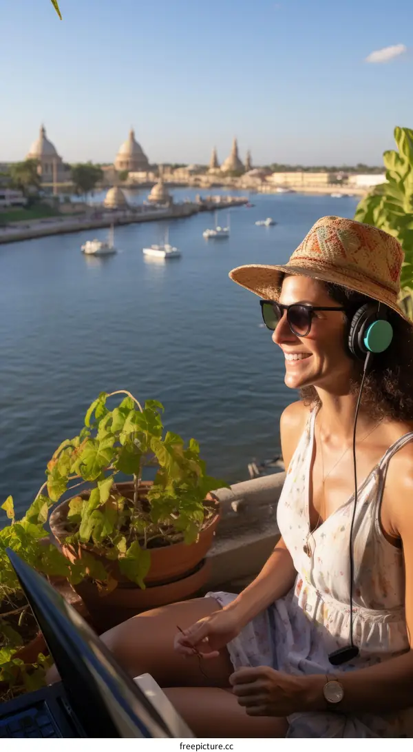 Young woman wearing headphones and sunglasses smiles while using laptop on a sunny terrace
