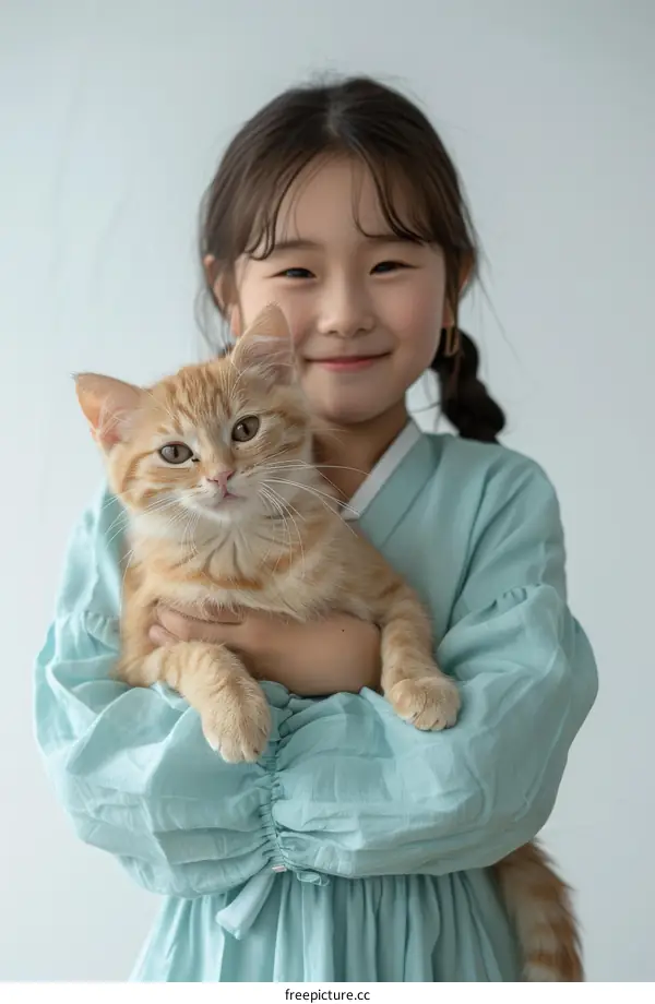 A young girl is hugging an orange cat