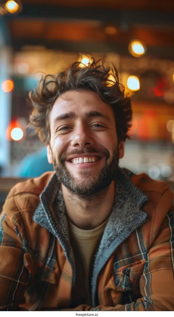 Close Up Portrait of a Smiling Man in a Cafe