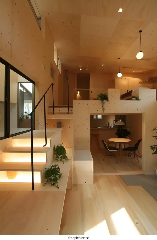 Modern Minimalist Plywood Interior Design with Wooden Stairs and  Ceiling