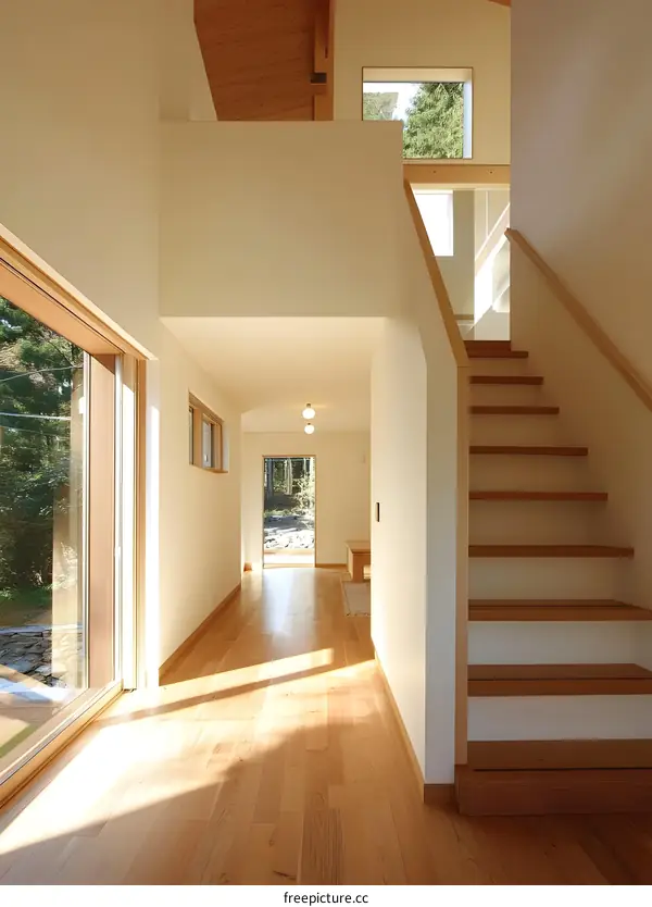 Modern Minimalist Interior Design With Wooden Stairs And Floor