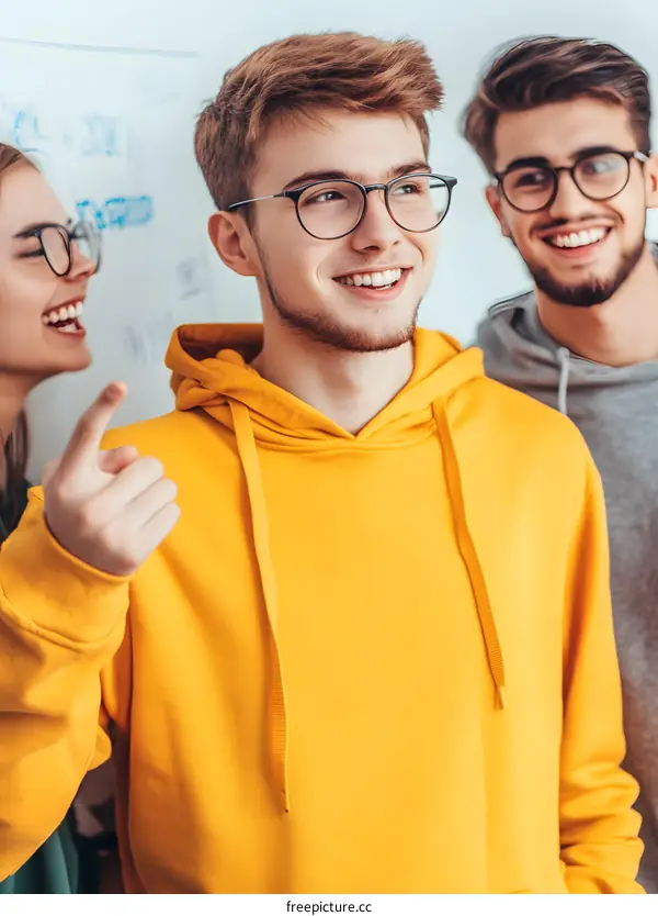 Young People  Wearing Yellow  Hoodies Talking and Laughing