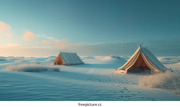 Camping on a Snowy Desert Landscape at Dawn