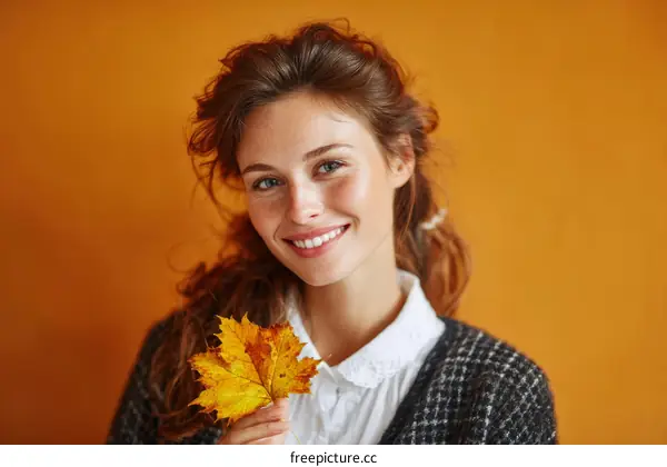 Autumnal Smile of a Woman Holding a Leaf