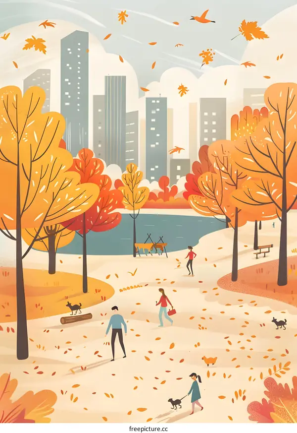 Autumn Park With People Walking Around